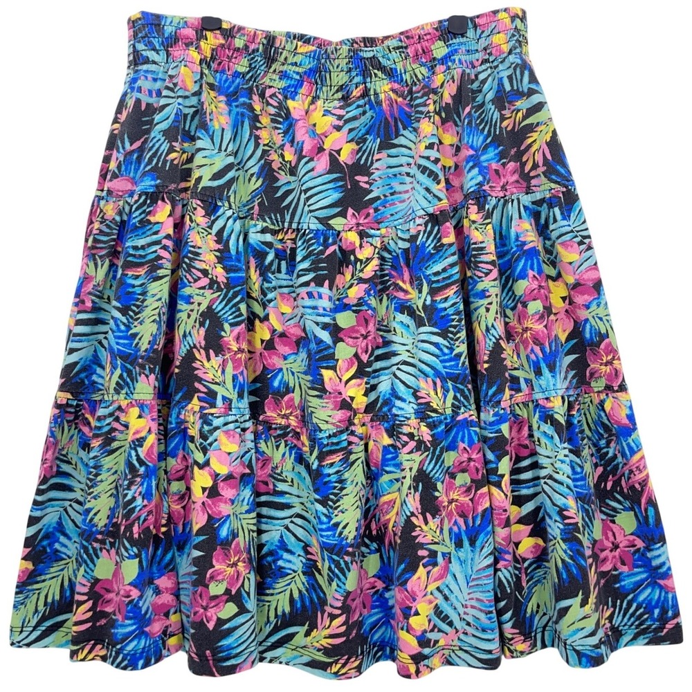 Woman Within Black Multi Skirt 14/16 M Tropical Floral Tiered Elastic Waist